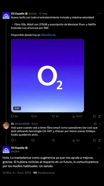 Captura de un tuit de O2 España anunciando su nueva tarifa de fibra y móvil con Movistar Plus+ y Netflix.
