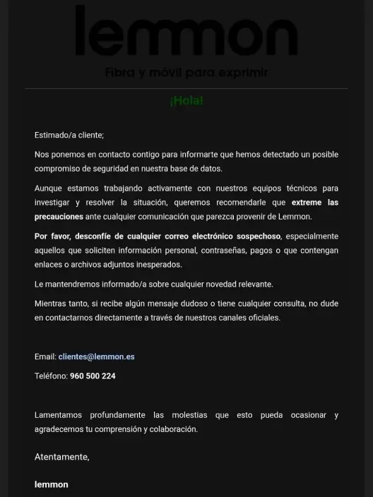 Aviso de Lemmon sobre posible compromiso de seguridad y recomendaciones ante correos sospechosos