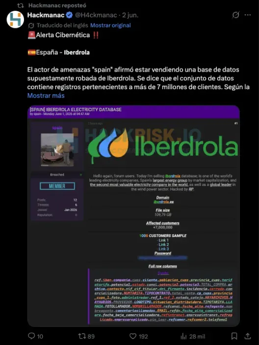 Captura de un tuit sobre una alerta cibernética relacionada con una supuesta filtración de datos de Iberdrola