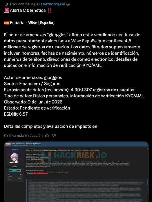 Captura de una alerta cibernética en redes sociales sobre una supuesta filtración de datos de Wise España