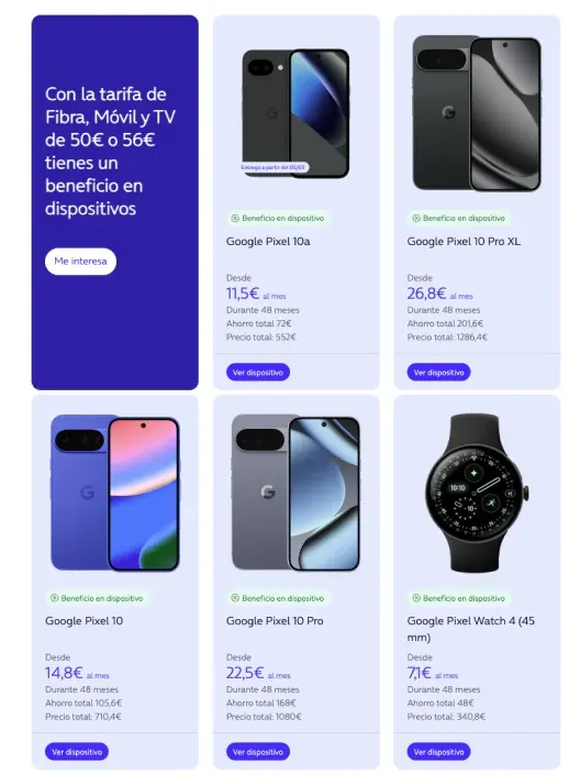 Catálogo de dispositivos Google con precios financiados al contratar tarifa de fibra, móvil y TV.