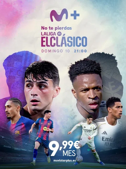 Cartel de Movistar Plus promocionando El Clásico con varios jugadores de Barcelona y Real Madrid