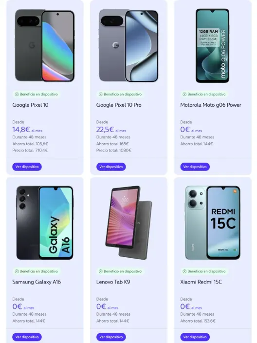 Catálogo de smartphones y tablets con ofertas de financiación en modelos Google Pixel Samsung Galaxy y Xiaomi Redmi.