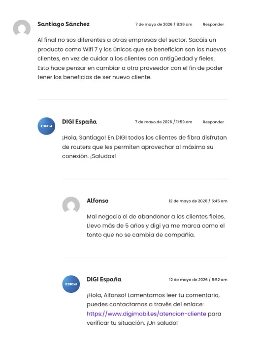 Quejas de usuarios en DIGI por el despliegue de Wi-Fi 7 y respuestas de la operadora sobre la calidad del servicio.