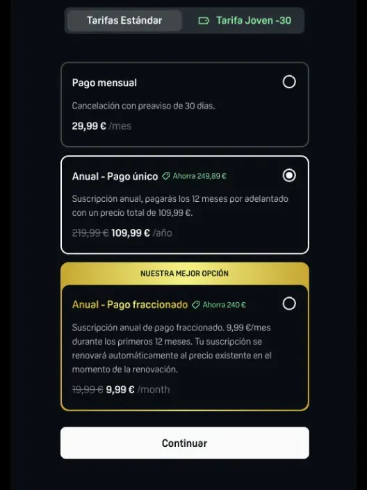Diferentes opciones de pago mensual y anual para la suscripción a DAZN y ver deporte en streaming.