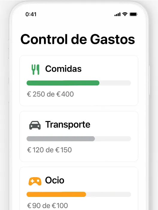 Pantalla de una app de control de gastos en un móvil, mostrando el presupuesto para comidas, transporte y ocio.
