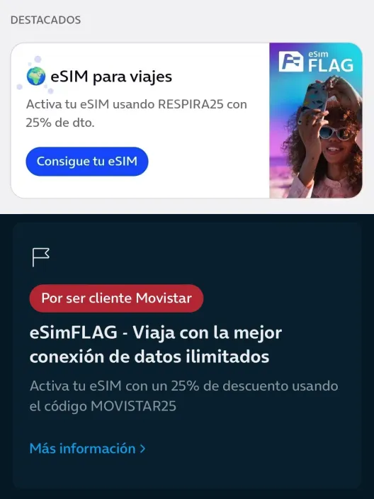 Capturas de pantalla de las apps de Movistar y O2 con ofertas de eSIM para viajes de eSIM FLAG, con un 25% de descuento para tener datos.