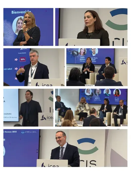 Collage del evento de seguros ICEA e Iris Global con ponentes y mesas de debate.
