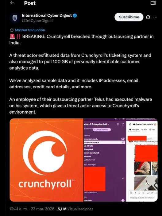 Publicación en redes sociales informando sobre una filtración de datos de Crunchyroll con detalles del incidente.