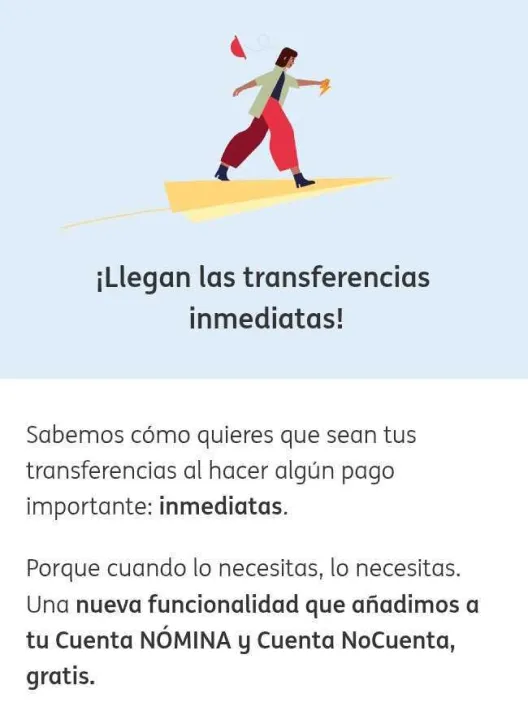 Anuncio de la llegada de las transferencias inmediatas y gratis para los clientes ING de la Cuenta Nómina y Cuenta NoCuenta.