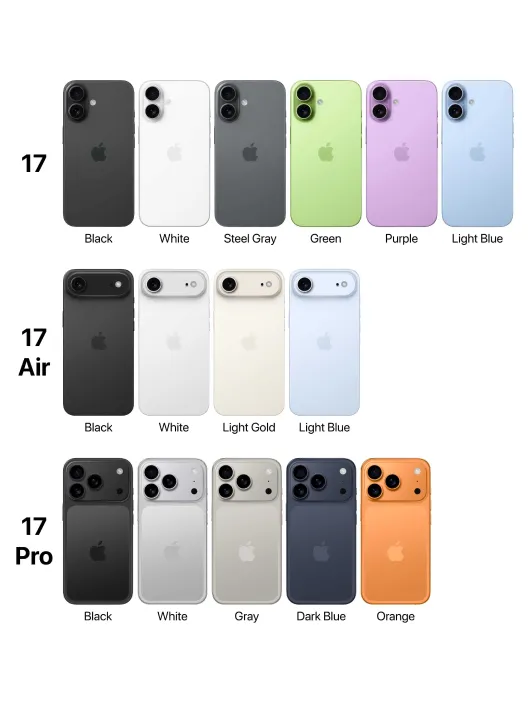 Infografía conceptual que muestra los posibles modelos y colores del iPhone 17, 17 Air y 17 Pro.