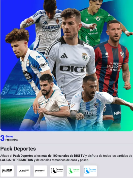 Oferta del Pack Deportes de DIGI por 3€/mes, con un collage de jugadores de LaLiga Hypermotion, competición que incluye el paquete.