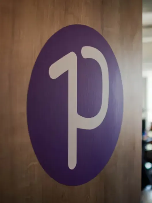 Logo de la P de Prima Seguros sobre una pared de madera