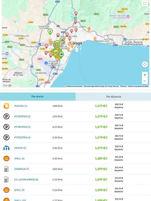 Mapa de Málaga con ubicaciones de gasolineras y listado de precios por litro