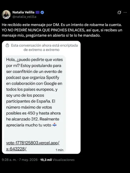Natalia Velilla denuncia en X un intento de phishing por mensaje directo para robar cuentas con un enlace falso.