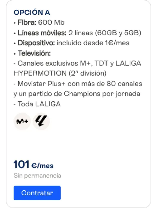 Tarifa de Movistar con fibra, móviles, LaLiga y Champions League por 101€ al mes.