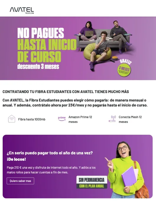 Oferta Avatel Fibra Estudiantes: 1000mb y Amazon Prime desde 23€/mes. No pagues hasta inicio de curso y sin permanencia.