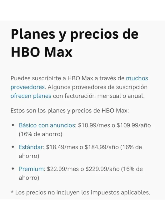 Captura de pantalla de los planes y precios de HBO Max en EEUU.