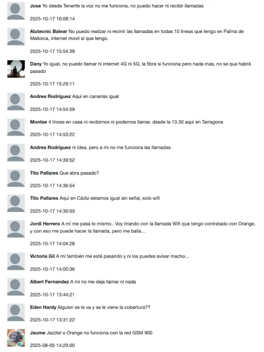 Comentarios de usuarios en redes sociales quejándose de la caída del servicio de Orange y Jazztel que les impide llamar.