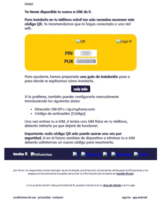 Email de la operadora R con las instrucciones para activar la nueva eSIM, incluyendo el código QR, PIN y PUK.