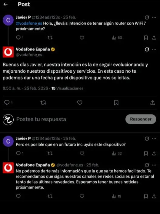 Captura de la respuesta de Vodafone a un usuario en Twitter sobre el WiFi 7.