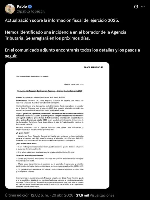 Trade Republic: comunicado sobre incidencia en el borrador de la Agencia Tributaria para el ejercicio fiscal 2025.