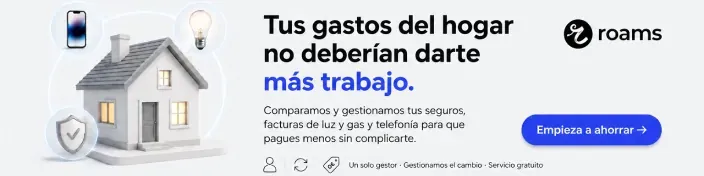 Casa con iconos de móvil, luz y seguro junto a texto sobre ahorro en gastos del hogar con Roams.