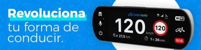 Asistente de conducción Hello Auto que muestra velocidad y límite. Banner publicitario con el texto Revoluciona tu forma de conducir.