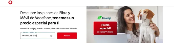 Banner de la promoción especial de Vodafone para clientes de Unicaja. Introduce tu código y consigue un descuento exclusivo.