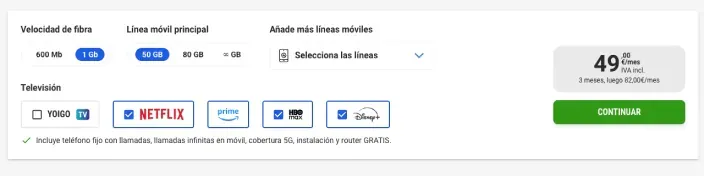 Configurador online de una tarifa de fibra, móvil y TV de Yoigo con oferta de plataformas de streaming.