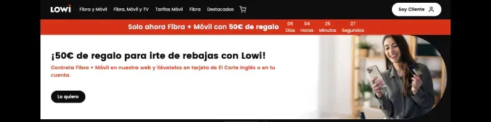 Banner web de promoción de Lowi con 50 euros de regalo en tarjeta de El Corte Inglés.