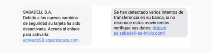 Captura de dos mensajes de texto sobre intentos de fraude suplantando a Sabadell