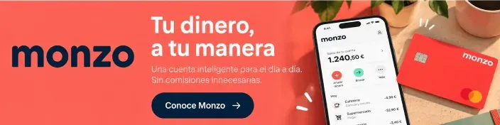 Imagen de Monzo con su logotipo, tarjeta bancaria coral y móvil con la app, junto al mensaje «Tu dinero, a tu manera».