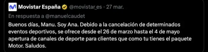 Respuesta oficial de Movistar en Twitter sobre la apertura gratuita de canales de deporte para clientes con el paquete Motor.
