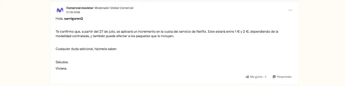 Comunicado de Movistar Plus+ confirmando la subida de precios de Netflix de entre 1€ y 2€ desde el 27 de julio.