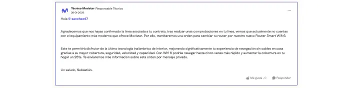 Mensaje de soporte técnico de Movistar informando sobre el cambio al nuevo Router Smart WiFi 6.