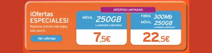 Ofertas especiales Simyo: móvil 250GB por 7,5€ y fibra 300Mb con móvil 250GB por 22,5€ al mes.
