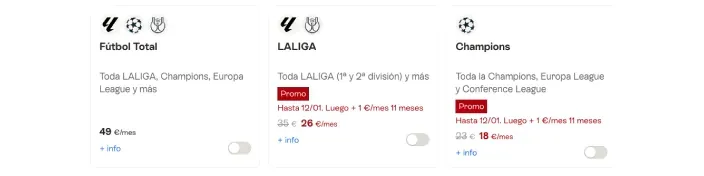 Comparativa de paquetes de fútbol con precios de LaLiga, Champions y Fútbol Total.