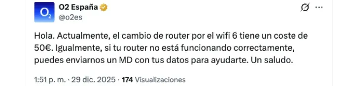 Captura de un tweet de O2 España sobre el precio de 50€ para renovar el router por el modelo WiFi 6 en 2025.