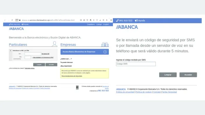 Proceso falso de verificación con código de seguridad por SMS en la banca electrónica de ABANCA.