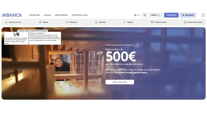 Web de ABANCA con promoción de quinientos euros para autónomos en cuenta sin comisiones.