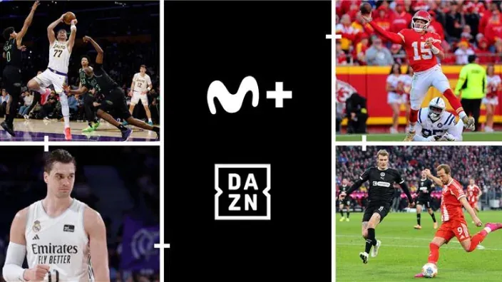 Collage de deportes en Movistar Plus+ y DAZN. Imágenes de baloncesto (NBA, Euroliga), fútbol y NFL.
