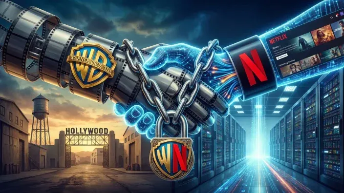 Alianza entre Warner Bros y Netflix para streaming de contenidos con apretón de manos tecnológico en Hollywood.