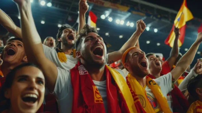 Grupo de aficionados celebrando en un estadio con bufandas y banderas