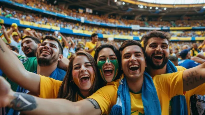 Aficionados de fútbol celebrando un gol en un estadio lleno de gente.