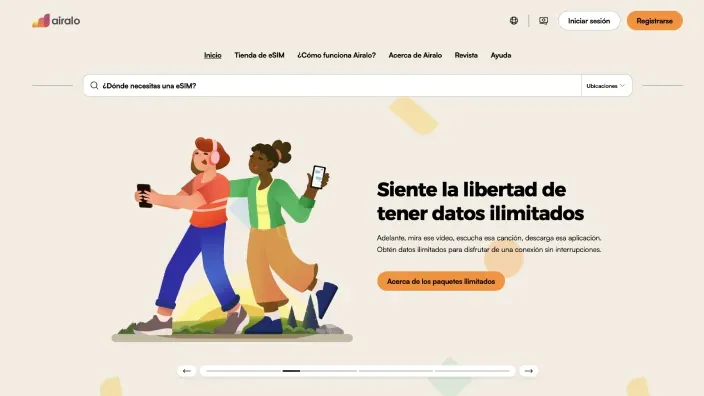 Web de Airalo con promociones de datos ilimitados y libertad de conexión móvil para turistas en todo el mundo.