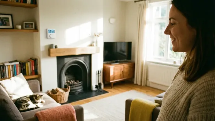 Mujer sonriendo en salón acogedor con termostato digital en la pared a 21 grados centígrados y gato durmiendo en el sofá.