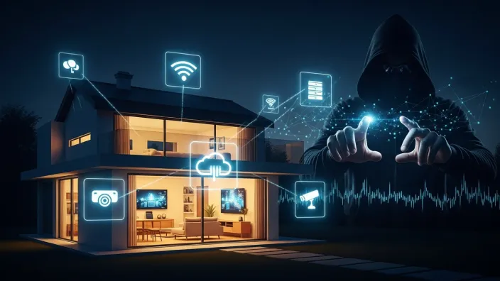 Hacker encapuchado atacando la red de una casa inteligente (smart home), mostrando la vulnerabilidad de la ciberseguridad en la domótica.
