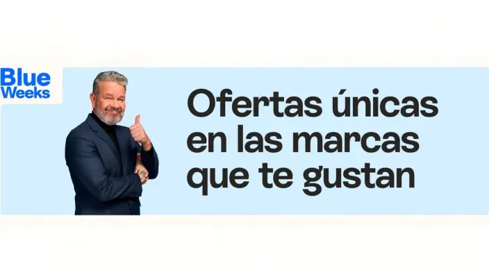 Alberto Chicote posando con el pulgar levantado junto al texto “Ofertas únicas en las marcas que te gustan”, sobre fondo azul claro.
