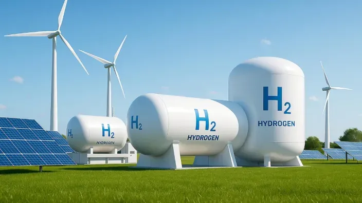 Depósitos de hidrógeno verde junto a paneles solares y aerogeneradores en una planta de energía renovable.